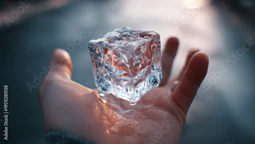 Melting ice cube held in a hand, reflecting light and dripping water