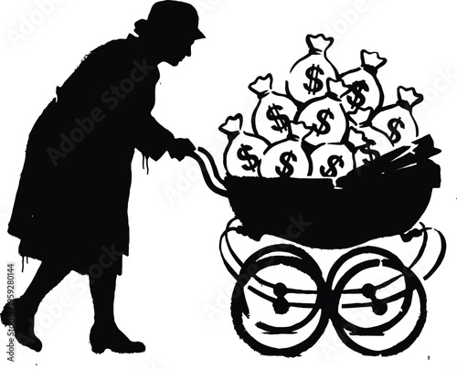 Silhouette of person pushing baby carriage filled with dollar money bags stencil art