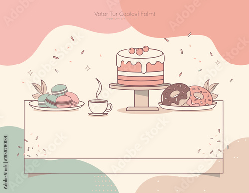 A delicious dessert table setup with cake donuts macarons and coffee indoors