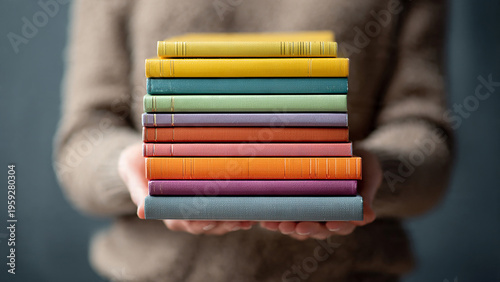 Hands hold a vibrant stack of colorful, hardcover books, showcasing knowledge and learning