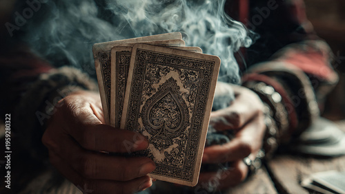 A person holds antique playing cards, with smoke rising, suggesting a game