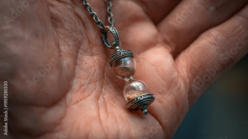 Delicate hourglass pendant held in a caring hand, symbolizing time's passage and precious moments