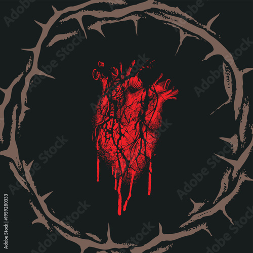Easter banner, greeting card with crown of thorns and Jesus red bloody heart. Illustration with inscription he is risen and Son of God. T-shirt design. No ai
