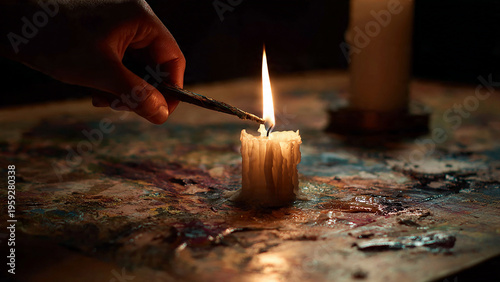 A hand ignites a melting candle with a wooden stick on a colorful, textured surface