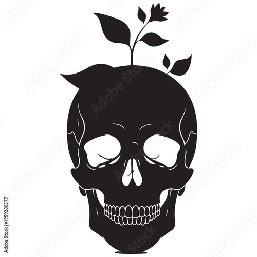 Skull silhouette with growing plant illustration, life and death concept isolated on transparent background