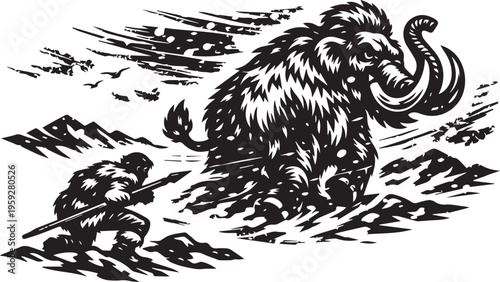 Prehistoric Snowstorm Hunting Scene Silhouette – Stealthy Human Hunter Approaching Woolly Mammoth from Behind in Blizzard Environment with Motion Lines and Dynamic Composition – Bold Black Vector Illu