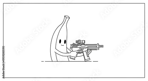 Funny Banana Character Holding a Gun, Cartoon Style
