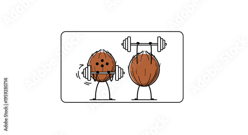 Funny cartoon coconut lifting weights, healthy lifestyle, fitness concept