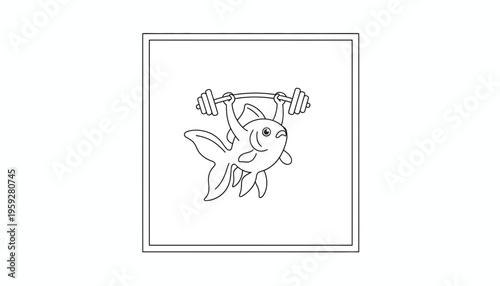 Funny cartoon goldfish lifting weights, fitness and strength concept