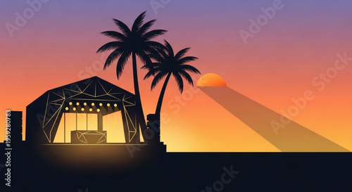 Tropical beach scene with illuminated beach hut and palm trees at sunset warm colors and serene atmosphere