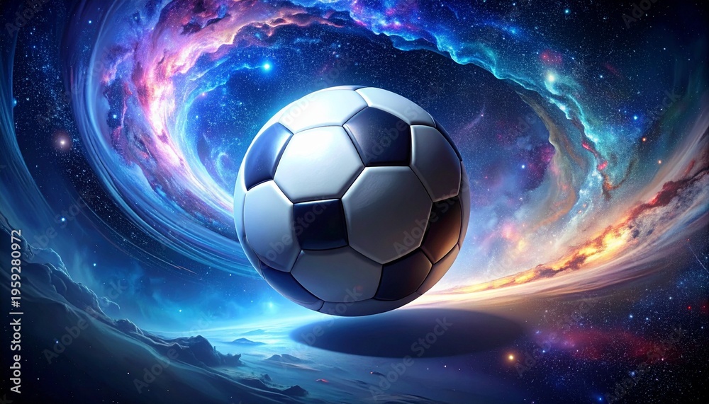 Fototapeta premium Soccer ball with colourful vibrant space Galaxy background 