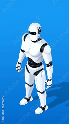 White Humanoid Robot Standing Against Blue Background Simple Clean Design