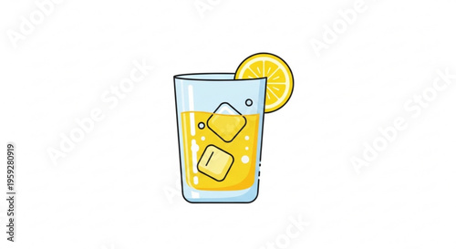 Refreshing glass of lemonade with ice cubes and lemon slice on white background