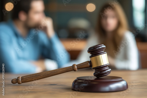 Divorce and legal separation concept with wooden gavel in focus.