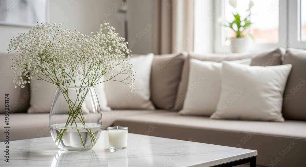 Fototapeta premium Cozy living room with beige couch white coffee table and decorative vase with flowers