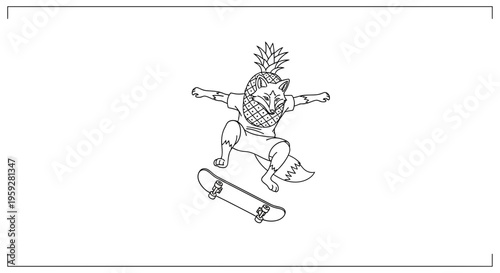 Fox with Pineapple Head Skateboarder Performing Trick