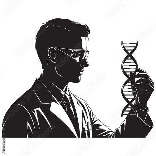 Scientist silhouette holding dna double helix illustration isolated on transparent background