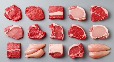 An overhead view of various fresh raw meat cuts including beef, pork, and chicken, captured in detailed studio photos
