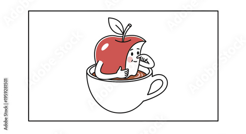 Funny apple character relaxing in coffee cup, healthy breakfast concept