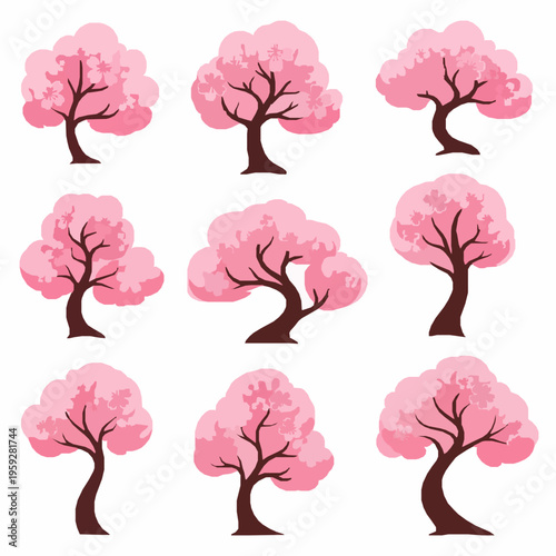 Stylized cherry blossom tree vector set pink floral trees EPS10 isolated on white