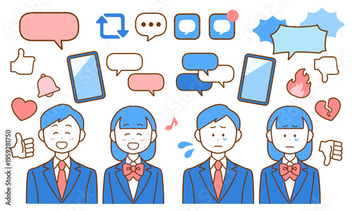 学生とSNSのアイコン素材セット｜スマホ・ネットトラブル