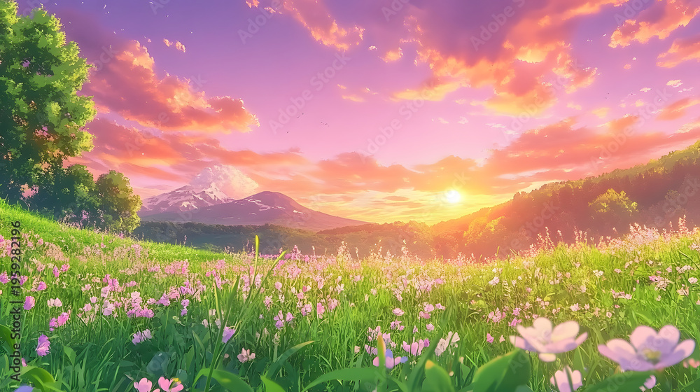Fototapeta premium serene mountain meadow with pink flowers at sunset