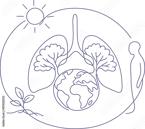 Planet earth inside lungs line art vector, global environment and clean air sustainability concept