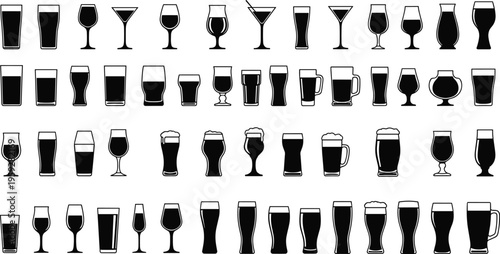 Beer glass icons set, different drink glassware silhouettes vector illustration, pub bar beverage collection isolated on white background design