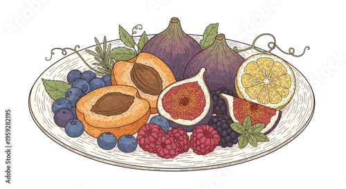 Assortment of Fresh Ripe Fruits and Berries on a Plate, Healthy Food Illustration