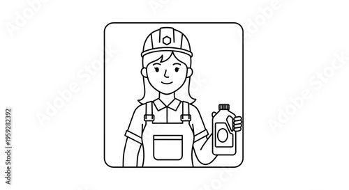 Female construction worker with safety helmet holding cleaning liquid bottle
