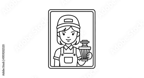 Female Mechanic Holding Oil Filter, Vector Icon Illustration
