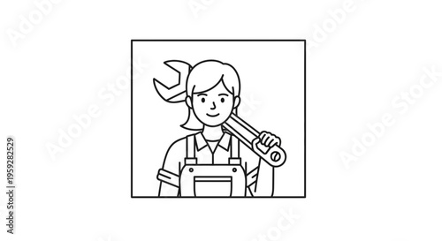 Female Mechanic Holding Wrench, Cartoon Style Icon