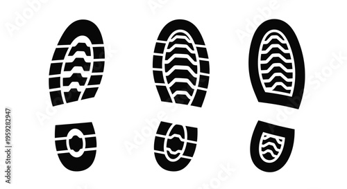 Black and white illustration of diverse shoe sole patterns arranged randomly