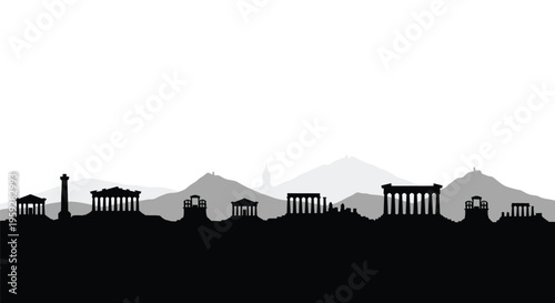 Silhouetted cityscape with classical architecture and distant mountains