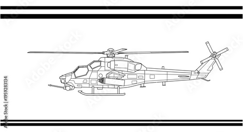 Attack Helicopter Blueprint Line Drawing - Military Aircraft Vector Art