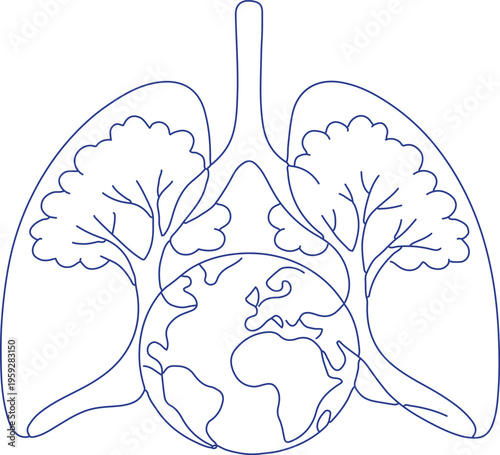 Human lungs with trees and earth line art vector, clean air and environmental health concept