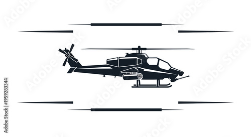 Black Silhouette of Attack Helicopter with Weapons, Military Aircraft Icon