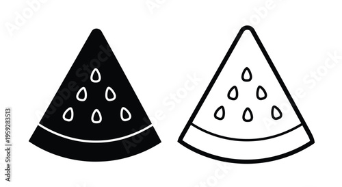 Two watermelon slices one filled one outlined in black and white