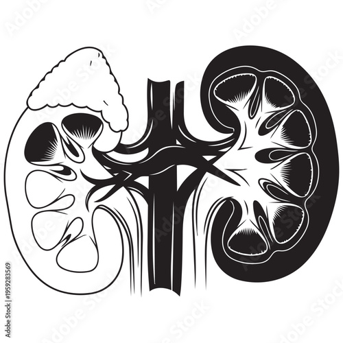 Human kidneys line art illustration, black and white contrast anatomy diagram isolated on transparent background