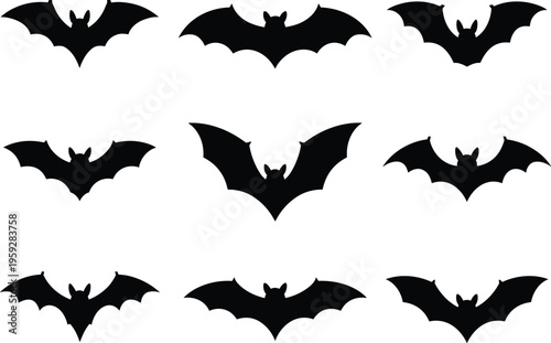 Set of bat silhouettes in flying poses black vector illustration collection for halloween spooky design isolated on white background