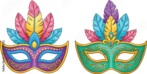 Colorful carnival masks with decorative feathers ornate masquerade vector illustration set for festival party celebration elegant design