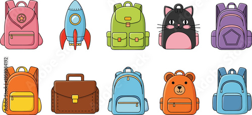 Cute backpack set with school bags rocket and animal designs colorful vector illustration collection for kids education and travel use