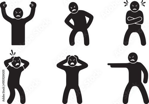 Black Solid Angry People Silhouettes Set of Six on White Background