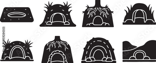 Black Solid Animal Burrow and Den Entrance Silhouettes Set of Six