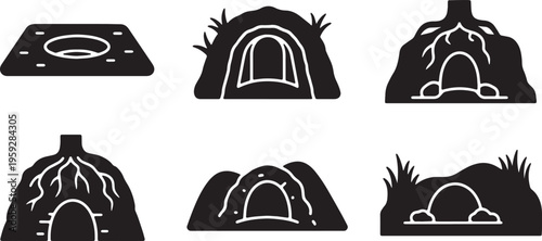 Black Solid Animal Burrow and Den Entrance Silhouettes Set of Six