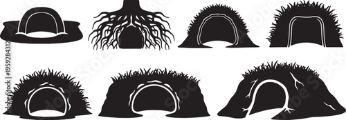 Black Solid Animal Burrow and Den Entrance Silhouettes Set of Six