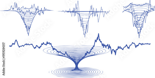 Abstract blue soundwave vector set, digital audio signal frequency visualization, electronic music waveform and sonic vibration elements
