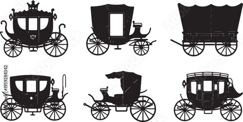 Black Solid Antique Carriages Silhouettes Set of Six on White Background