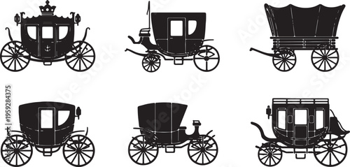 Black Solid Antique Carriages Silhouettes Set of Six on White Background