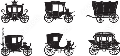 Black Solid Antique Carriages Silhouettes Set of Six on White Background